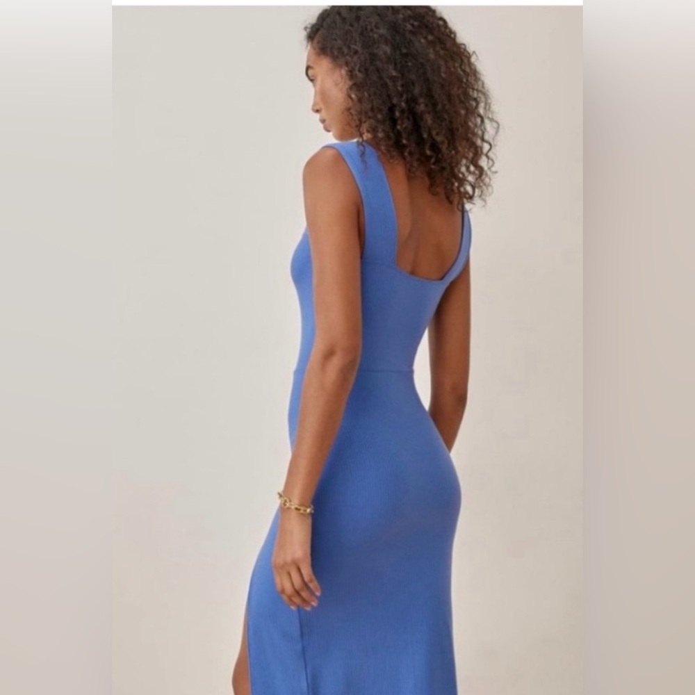 Reformation Cassi Blue Square Neck Fitted Eco-Rib lightweight Dress Sz small - Picture 2 of 10